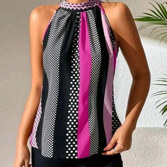 Polka Dot Print Key Hole Back Halter Neck Blouse - Picture 3 of 4